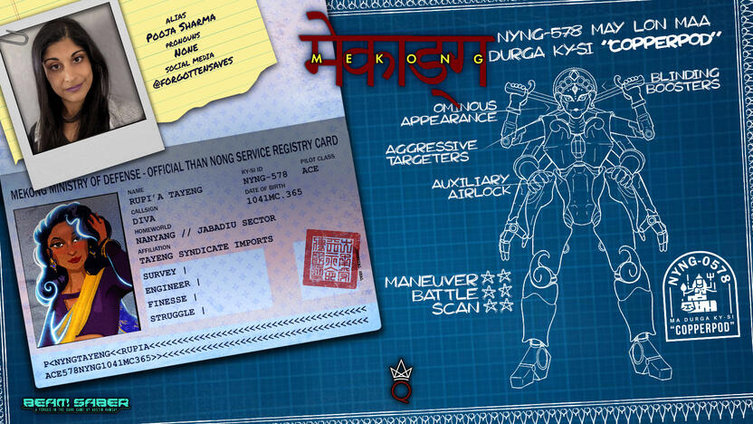 A promotional poster announcing Pooja Sharma as pilot Rupi'a "Diva" Tayeng. The image includes Rupi'a's pilot's license with biographical details, and a blueprint schematic of her mecha Copperpod.